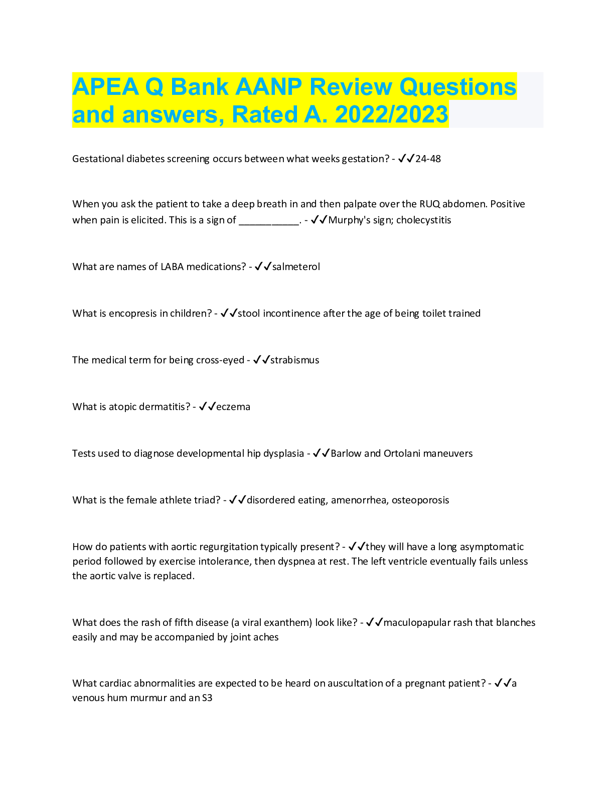 Preview image for APEA Q Bank AANP Review Questions and answers, Rated A. 2022/2023